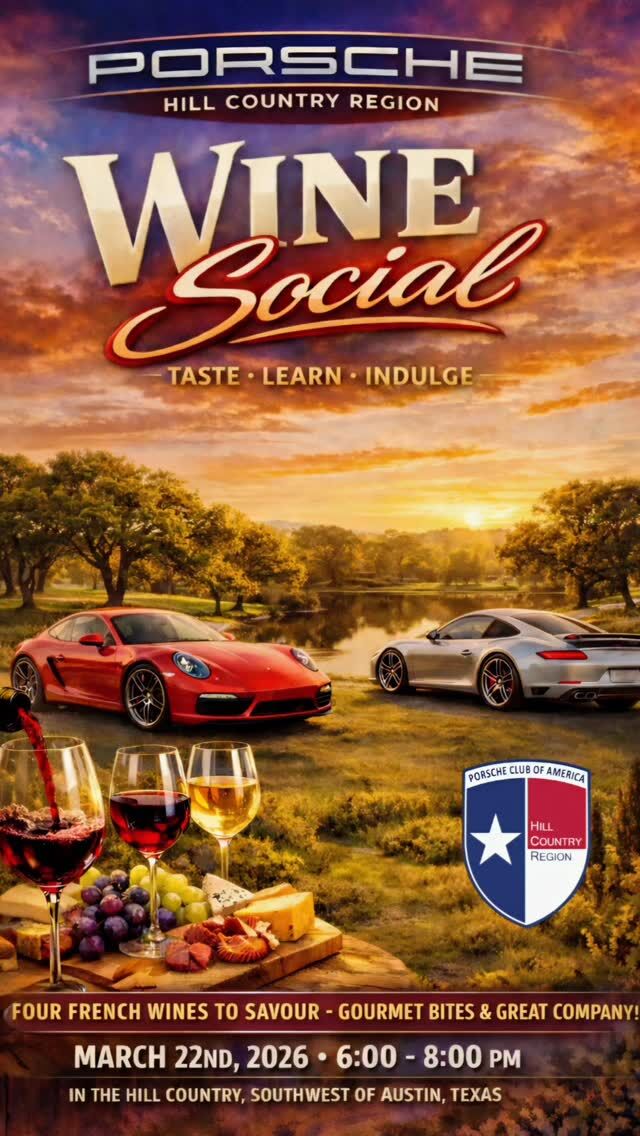 Cheers to an unforgettable evening! 🥂 The Hill Country Region Porsche Club of America celebrated a beautiful Wine Social last weekend where total of 5 expert picked French wines were introduced to club members. 

A special shoutout to @curiousoften for their expert selections, storytelling, and passion for every glass poured. Here’s to the beauty of community, fine wine, and fast cars! #hcrpca
